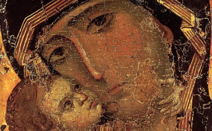 <p>Печать круглой формы, на которой изображен образ Божией Матери с Младенцем, сделана из олова</p>